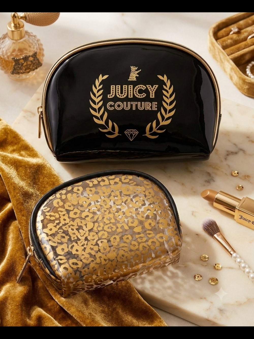 Juicy Couture Black Patent and Gold Leopard Cosmetic Pouch Duo